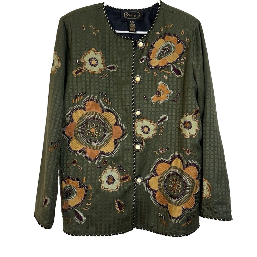 Vintage Alex Kim Green Boho Embroidered Cottagecore Blazer Jacket PXL P XL